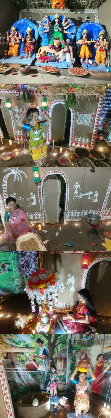 पालेस्वर नाथ आश्रम में मां दुर्गा की प्रतिमा आदिवासी थीम पर पंडाल बना है जो आकर्षक और अपनी कला को प्रदर्शित कर रही है 